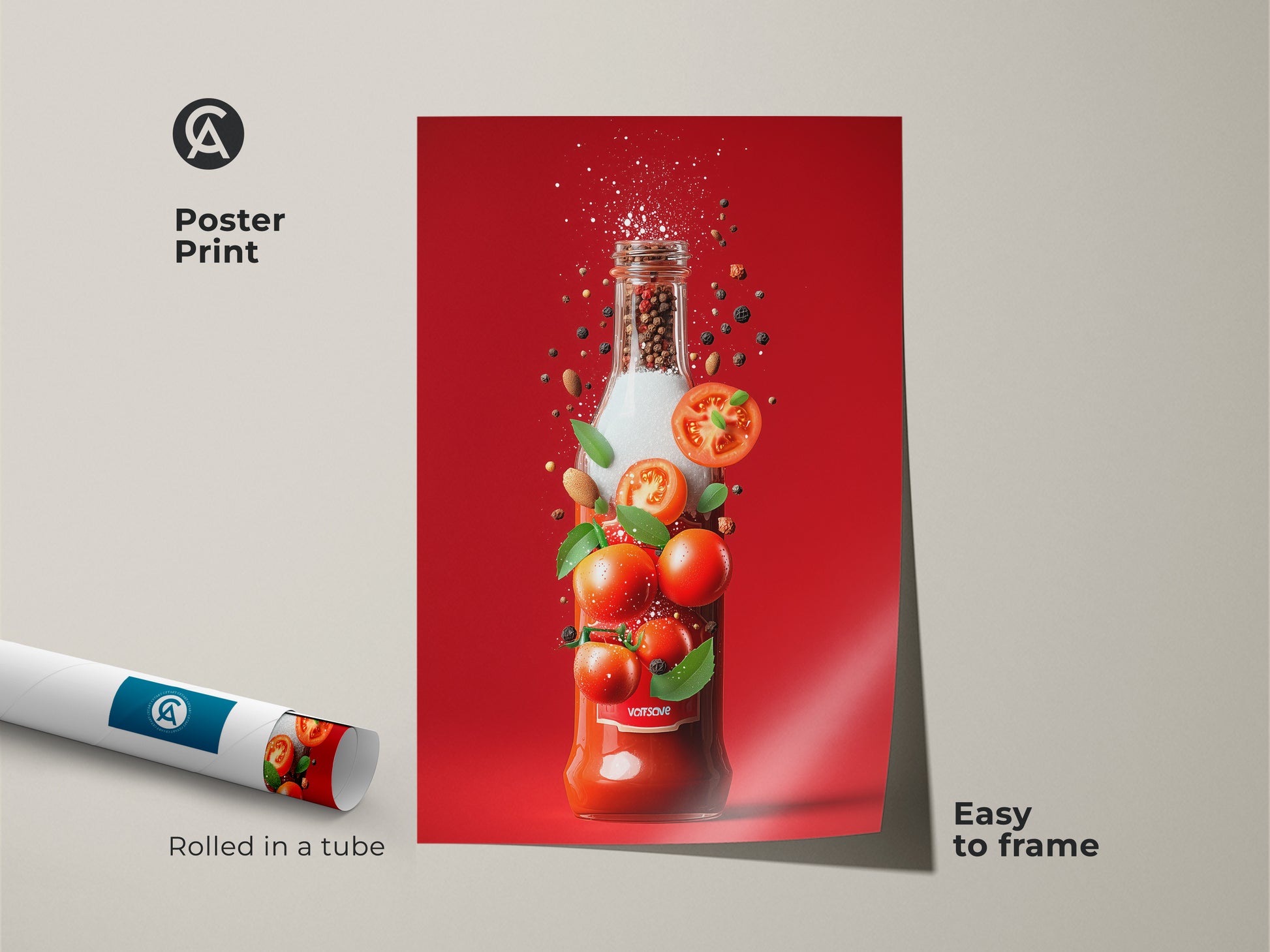 Poster print of a tomato sauce bottle art. The artwork features a bottle with tomatoes peppercorns spices and herbs. This vibrant food themed art print is easy to frame. It is rolled in a tube.