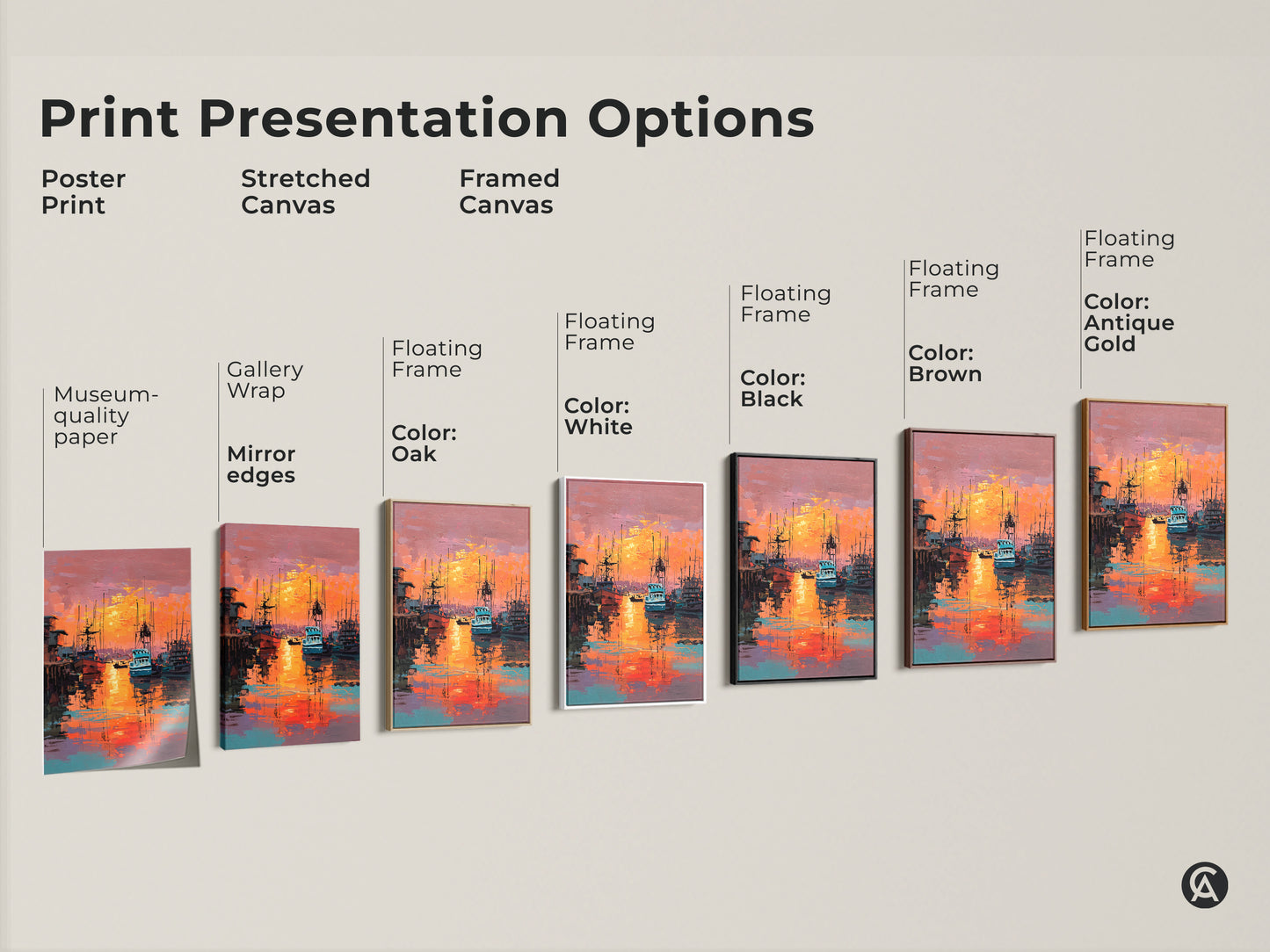 Explore print presentation options for this vibrant harbor sunset artwork. Choose from poster prints stretched canvas and framed canvas. Each option highlights the beauty of this marine art. Find the perfect style for your space today.