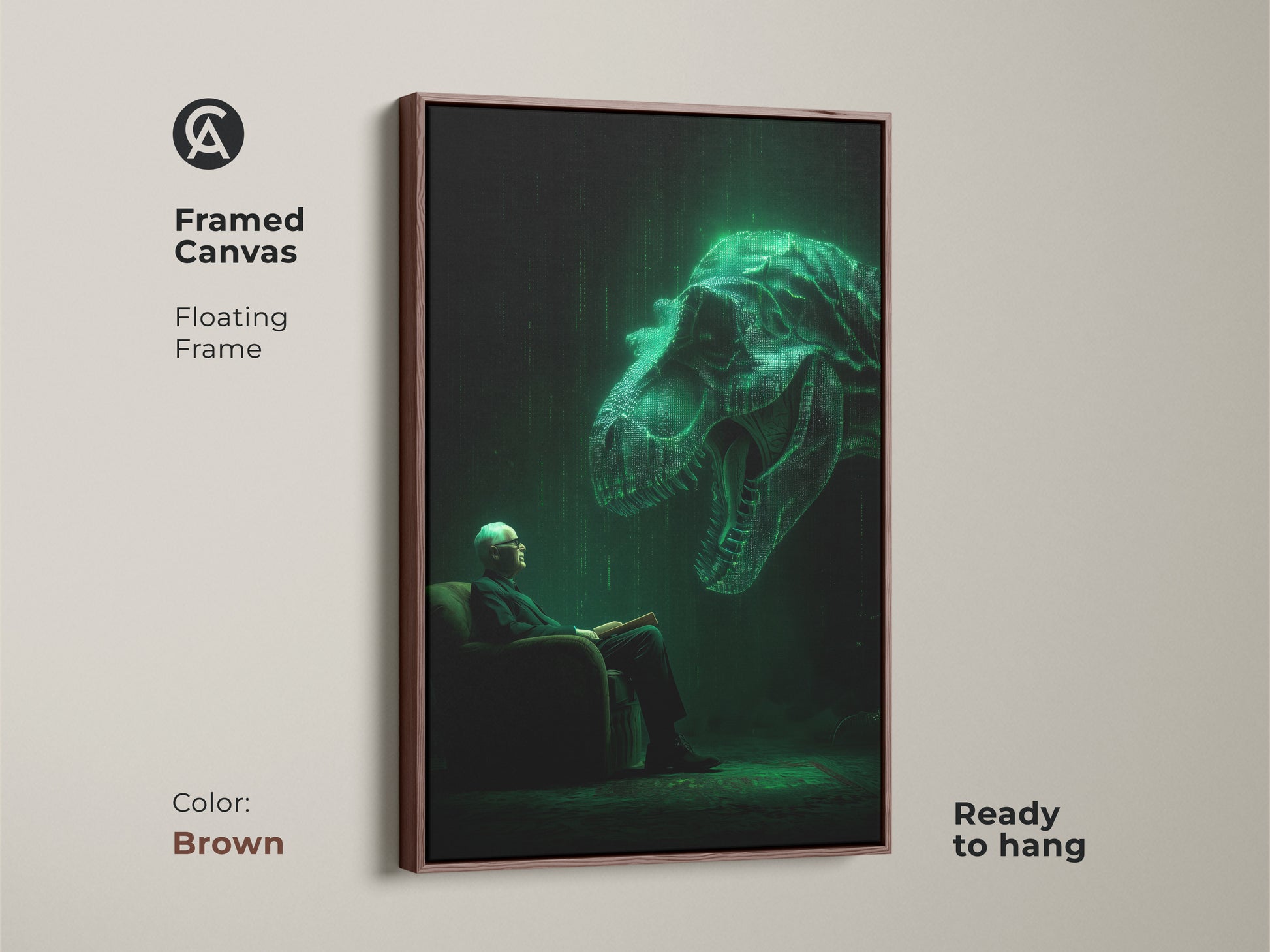Framed canvas print displays an old man reading. A glowing Tyrannosaurus Rex hovers behind him. The canvas features a warm brown floating frame. This unique art piece is ready to hang bringing a touch of surrealism to your home decor.
