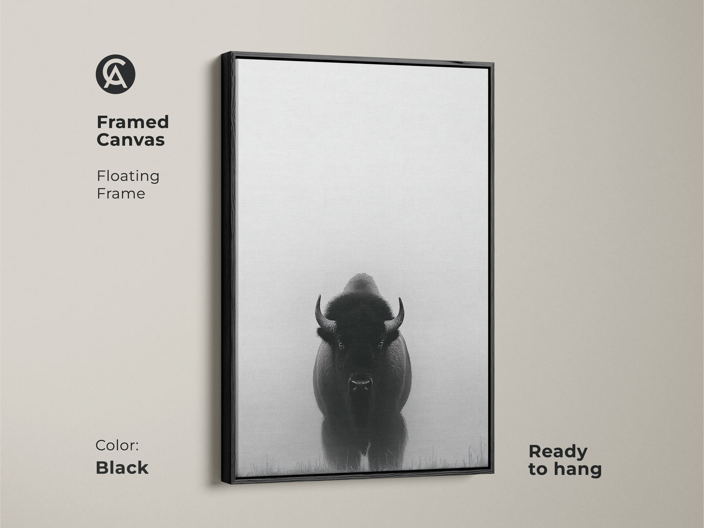 Framed in black this canvas features minimalist bison art. This black and white prairie canvas is ready to hang. The wildlife animal landscape print adds a rustic farmhouse touch.