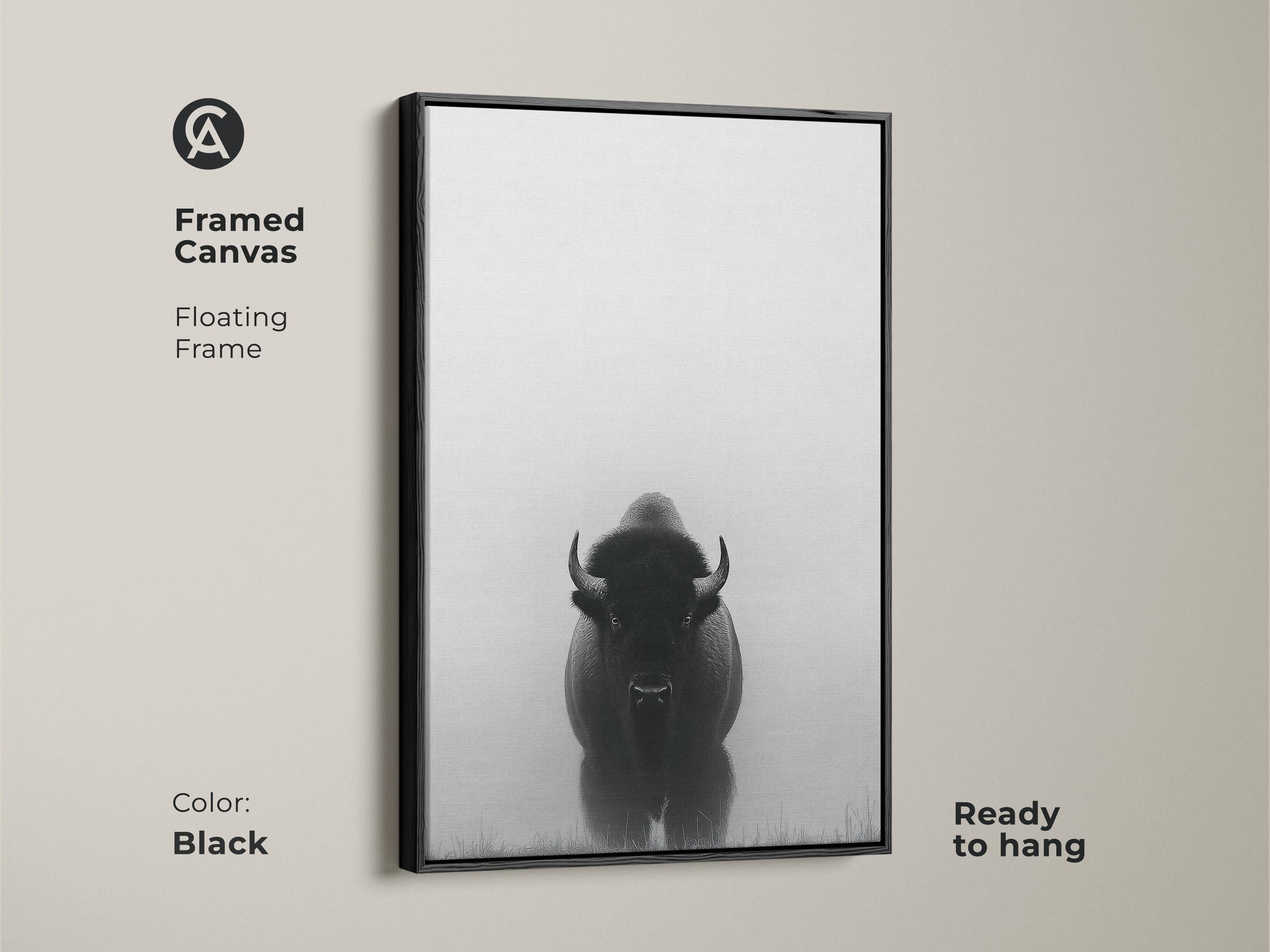 Framed in black this canvas features minimalist bison art. This black and white prairie canvas is ready to hang. The wildlife animal landscape print adds a rustic farmhouse touch.