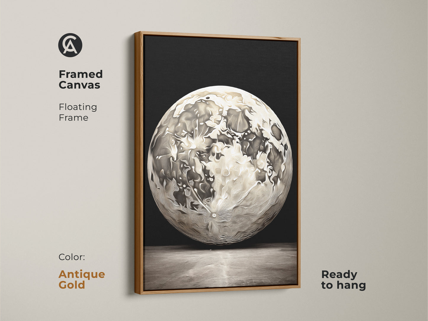 Antique gold framed canvas abstract moon artwork. The floating frame features celestial space wall art. Perfect dark sky wall art and cosmic bedroom decor. Ready to hang in any space.