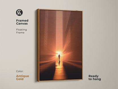 Framed canvas with a floating antique gold frame showing minimalist home decor. The amber sunset wall hanging features a lone man in golden light. This contemporary cityscape canvas is ready to hang. It's perfect inspirational office decor.