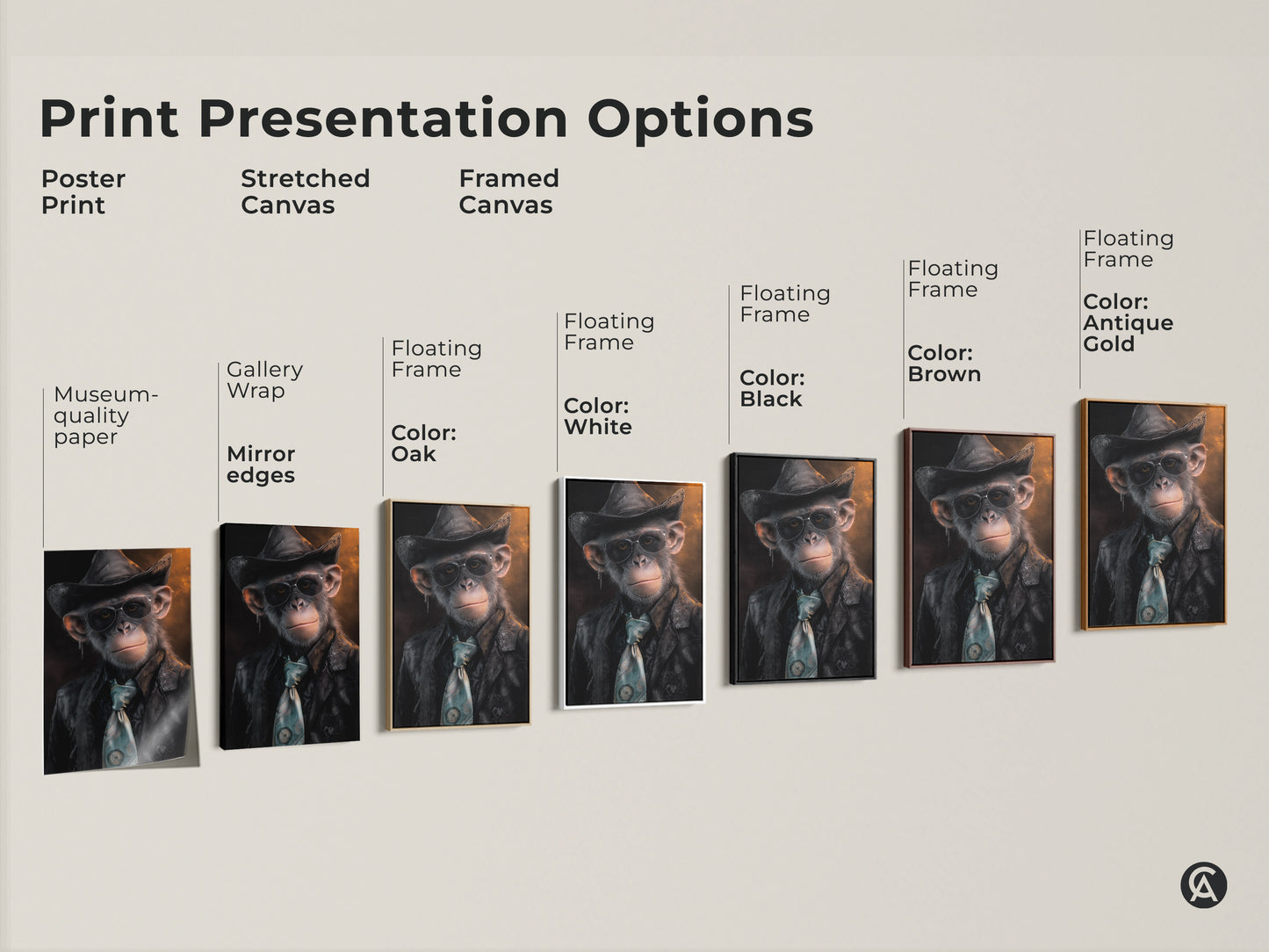 Print presentation options for surreal chimp art. Choose from poster print stretched canvas and framed canvas. The floating frame colors include oak white black brown and antique gold. Stylish monkey with hat art for any decor style. Museum-quality edges.