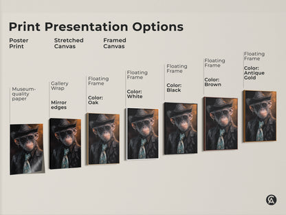 Print presentation options for surreal chimp art. Choose from poster print stretched canvas and framed canvas. The floating frame colors include oak white black brown and antique gold. Stylish monkey with hat art for any decor style. Museum-quality edges.