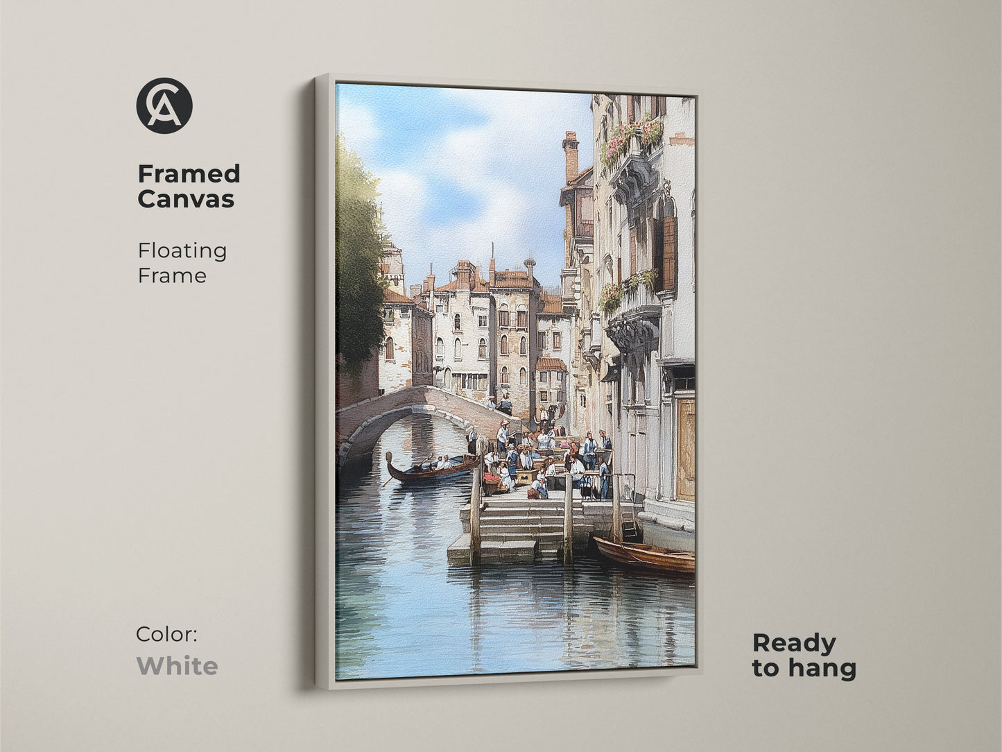 Framed canvas art in white featuring a Venice canal. The floating frame is ready to hang. This Italian architecture art showcases a traditional cityscape with a gondola boat. A perfect housewarming gift for travel lovers seeking classic Italian decor and elegant home decor.