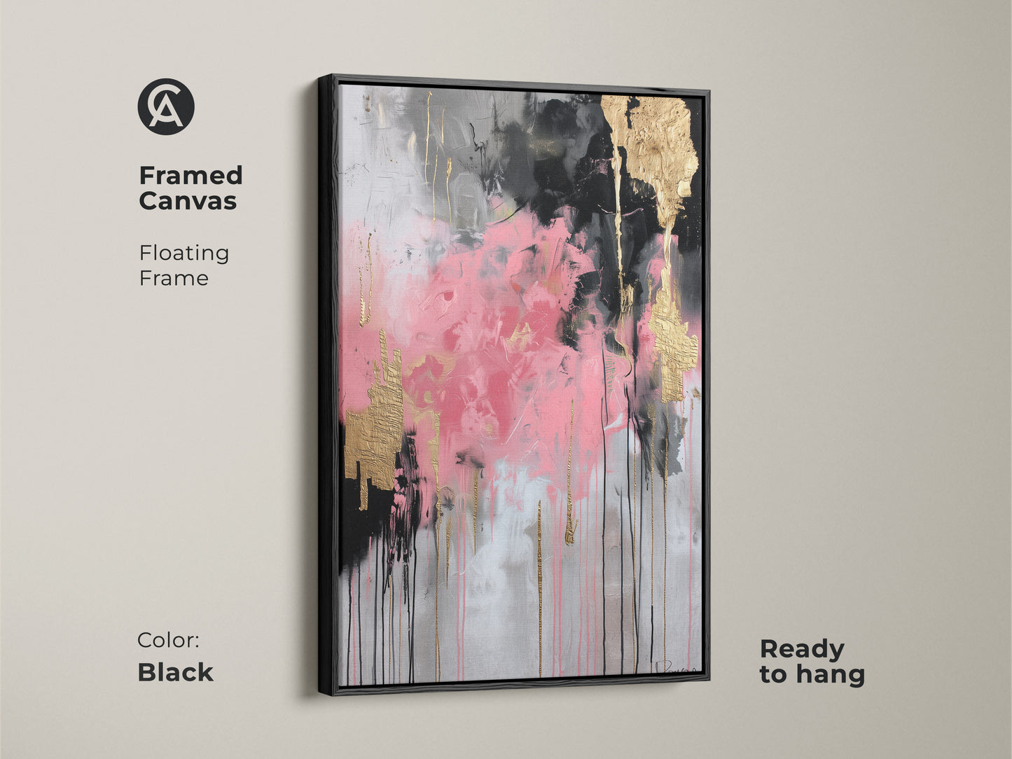 Framed canvas featuring a pink black and gold leaf abstract artwork. The floating black frame enhances the modern style of this contemporary wall decor. Ready to hang this painting adds a touch of luxury to your space. Ideal for eclectic home decor this framed art print is a perfect housewarming gift. Elevate your home office with this chic piece.