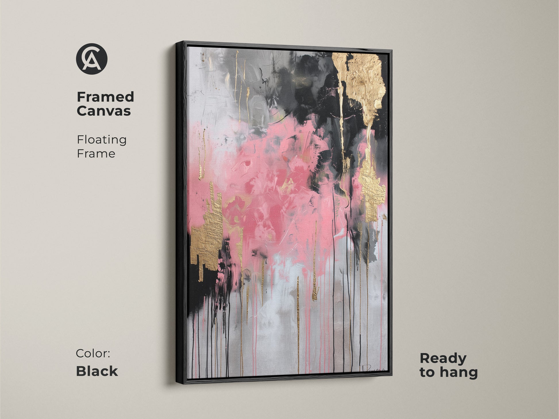 Framed canvas featuring a pink black and gold leaf abstract artwork. The floating black frame enhances the modern style of this contemporary wall decor. Ready to hang this painting adds a touch of luxury to your space. Ideal for eclectic home decor this framed art print is a perfect housewarming gift. Elevate your home office with this chic piece.