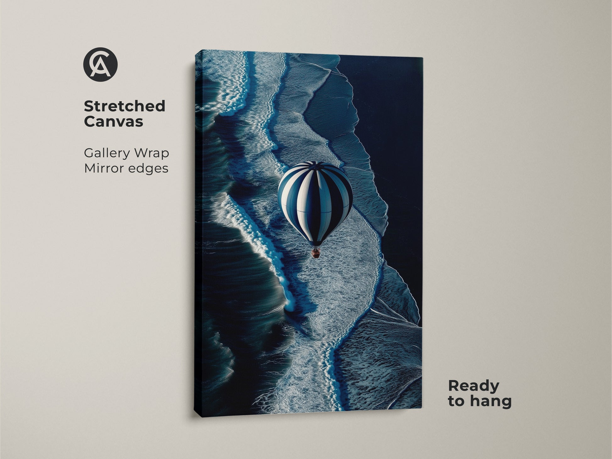 This stretched canvas artwork features a hot air balloon over dynamic ocean waves. The gallery wrap with mirror edges is ready to hang. Navy blue hues dominate this contemporary coastal decor offering an adventurous and modern travel art piece.