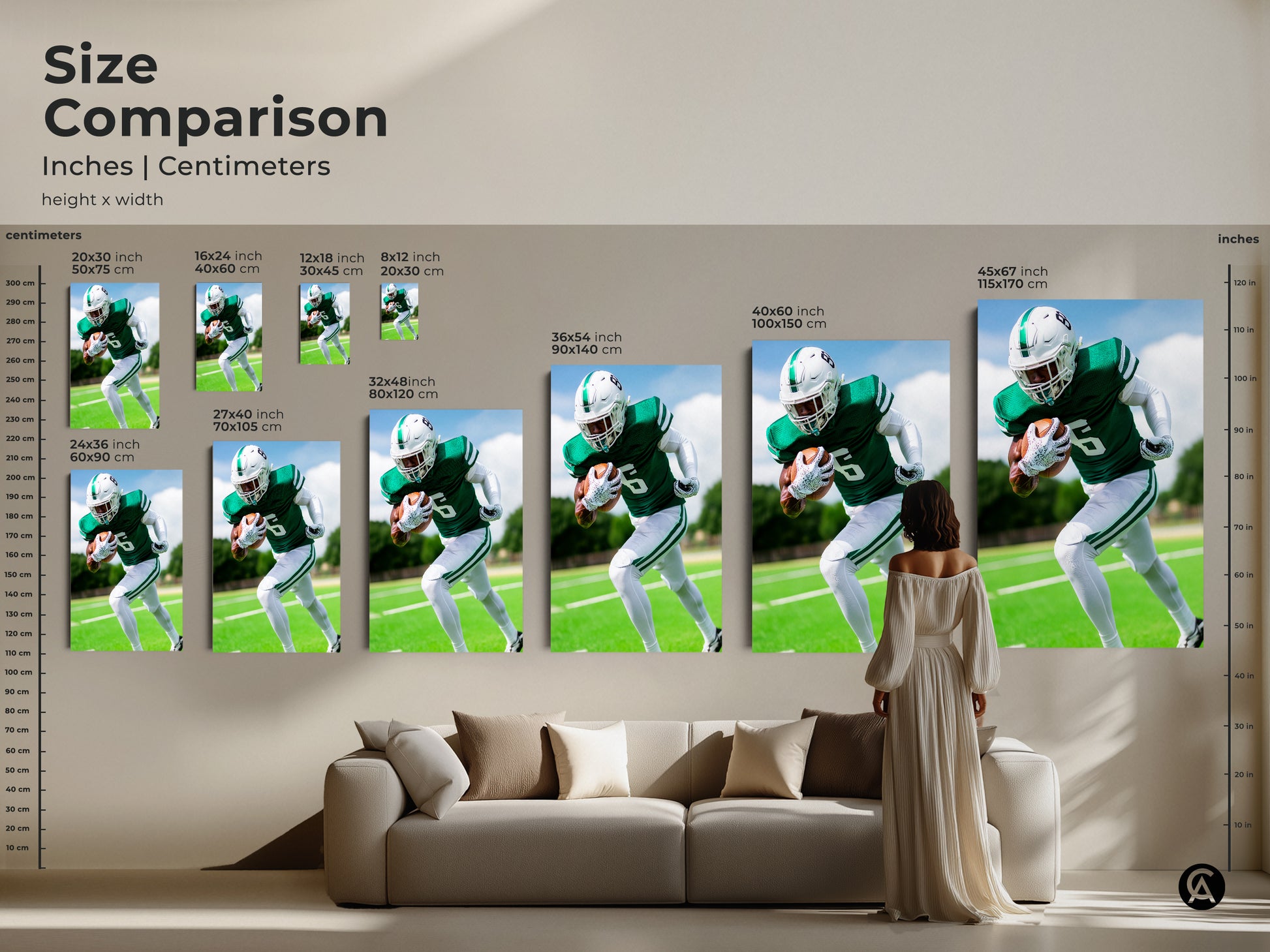 Size comparison of the American Football artwork in inches and centimeters. See how the different sizes fit above a couch. The canvas and poster options are displayed. This is the perfect sports art for any room.