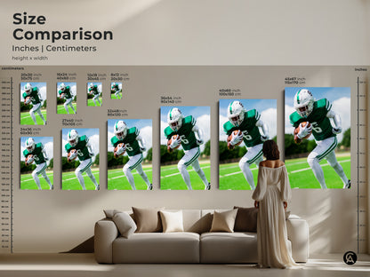 Size comparison of the American Football artwork in inches and centimeters. See how the different sizes fit above a couch. The canvas and poster options are displayed. This is the perfect sports art for any room.