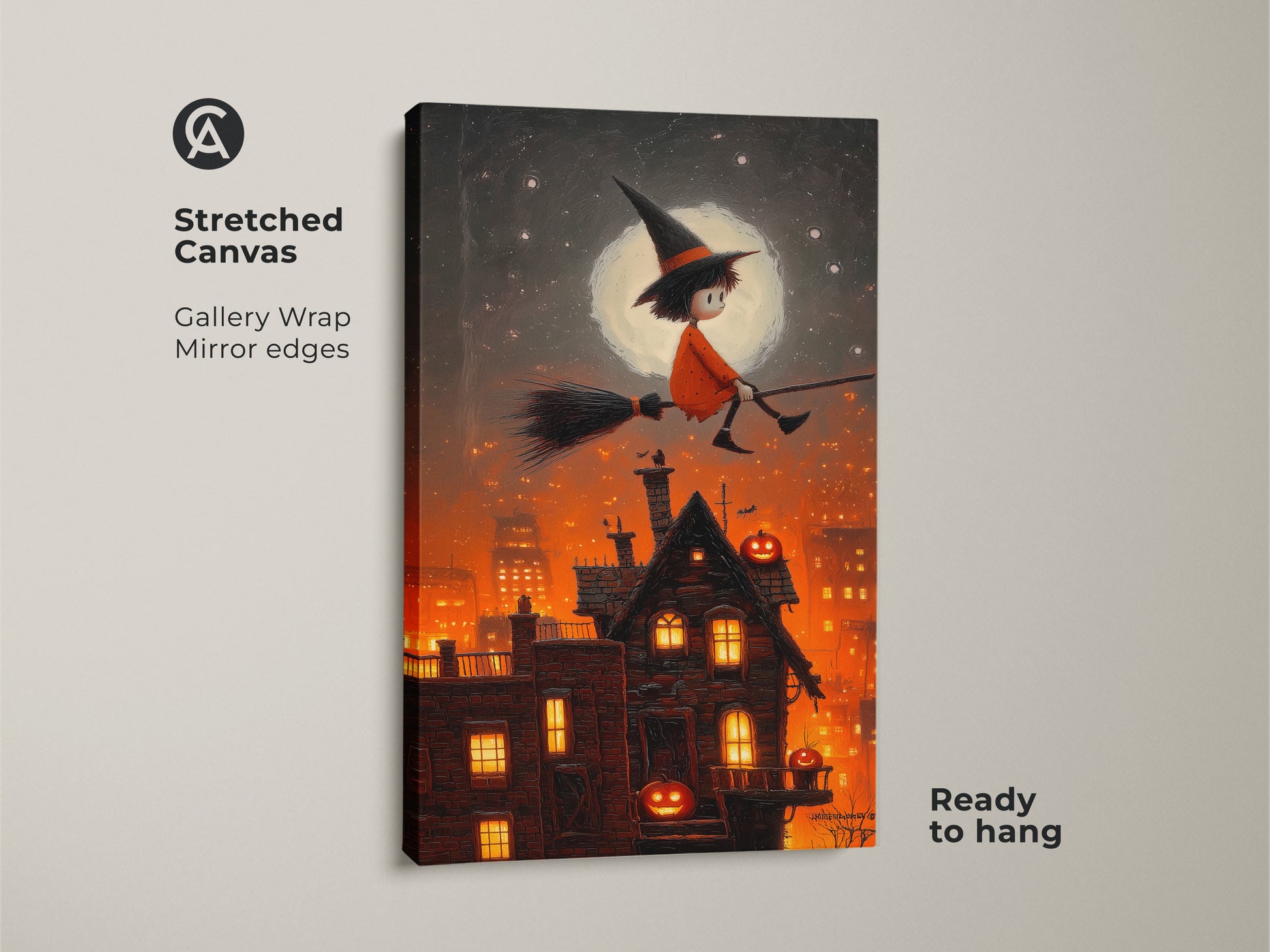 Stretched canvas artwork of a halloween witch flying over a spooky cityscape. Gallery wrapped with mirrored edges. The black and orange kids room Halloween decor comes ready to hang. This fantasy witch art print is great for seasonal kids room decor.