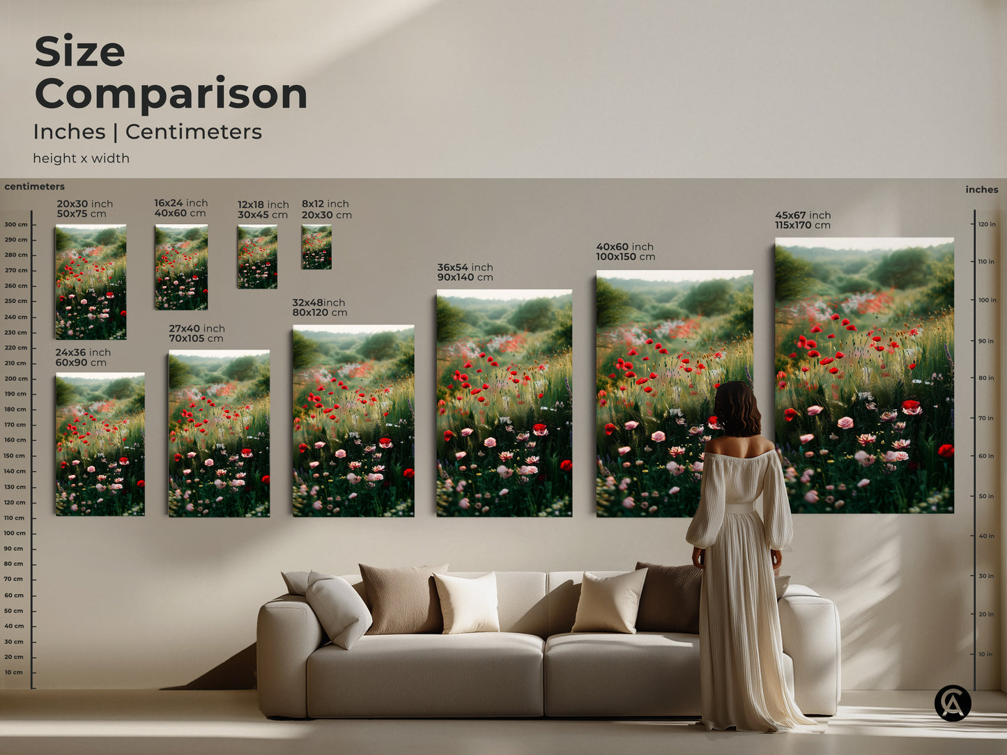 Size comparison of poppy field art prints in inches and centimeters. See how different sizes fit above a sofa. Choose the ideal scale for your nature landscape painting. Transform your living room with vibrant floral art.