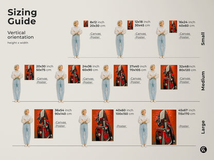 Sizing guide for vertical abstract figure art. Various sizes available from small to large. Options in canvas and poster prints. Perfect for adding a touch of mid-century modern to your home or office.