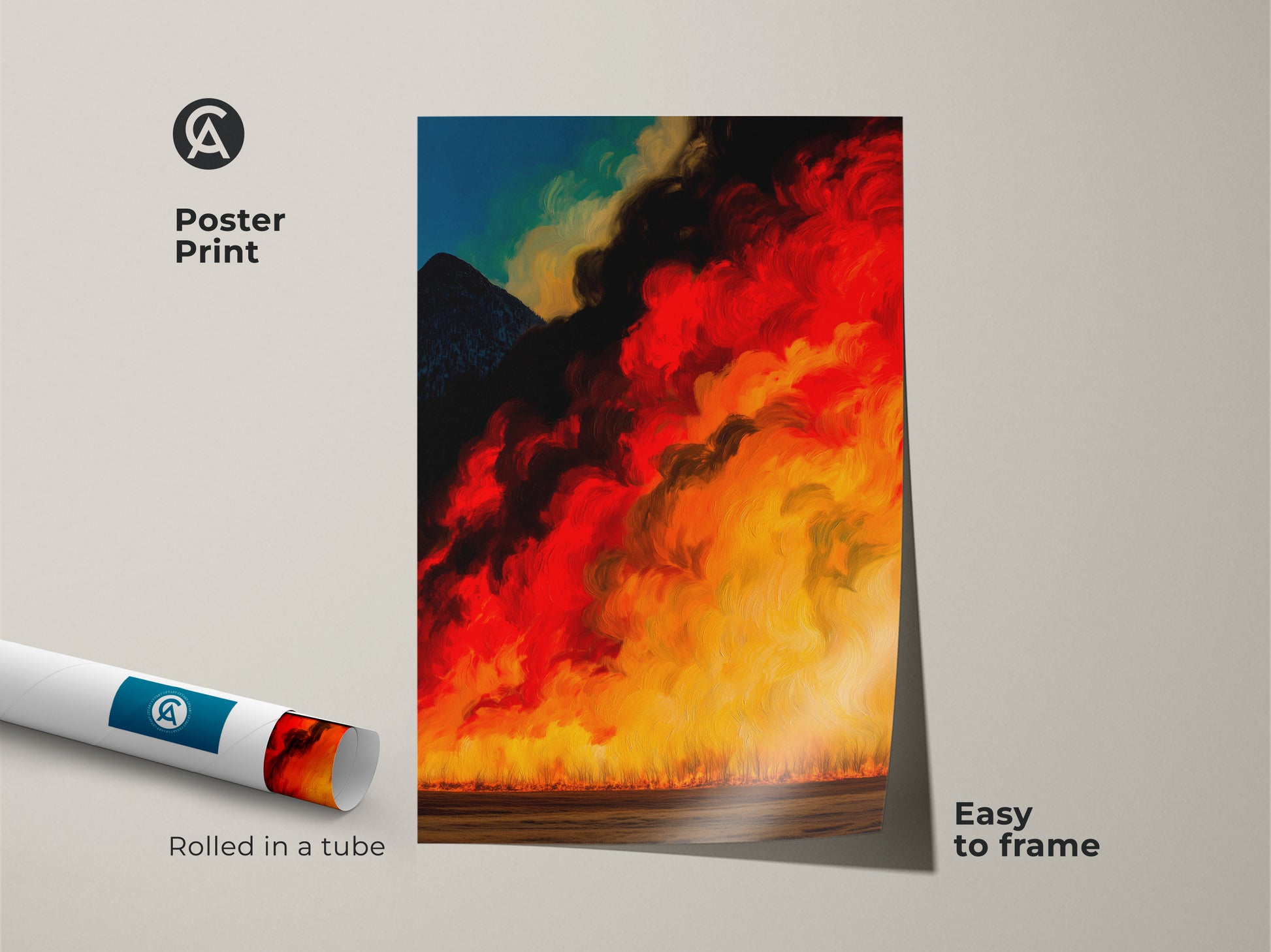 Framed canvas of abstract mountain fire artwork in a black floating frame. The piece features fiery red golden yellow and black tones. It is ready to hang as eclectic home decor or a firefighter gift. This modern abstract artwork adds a dramatic touch to any office space.