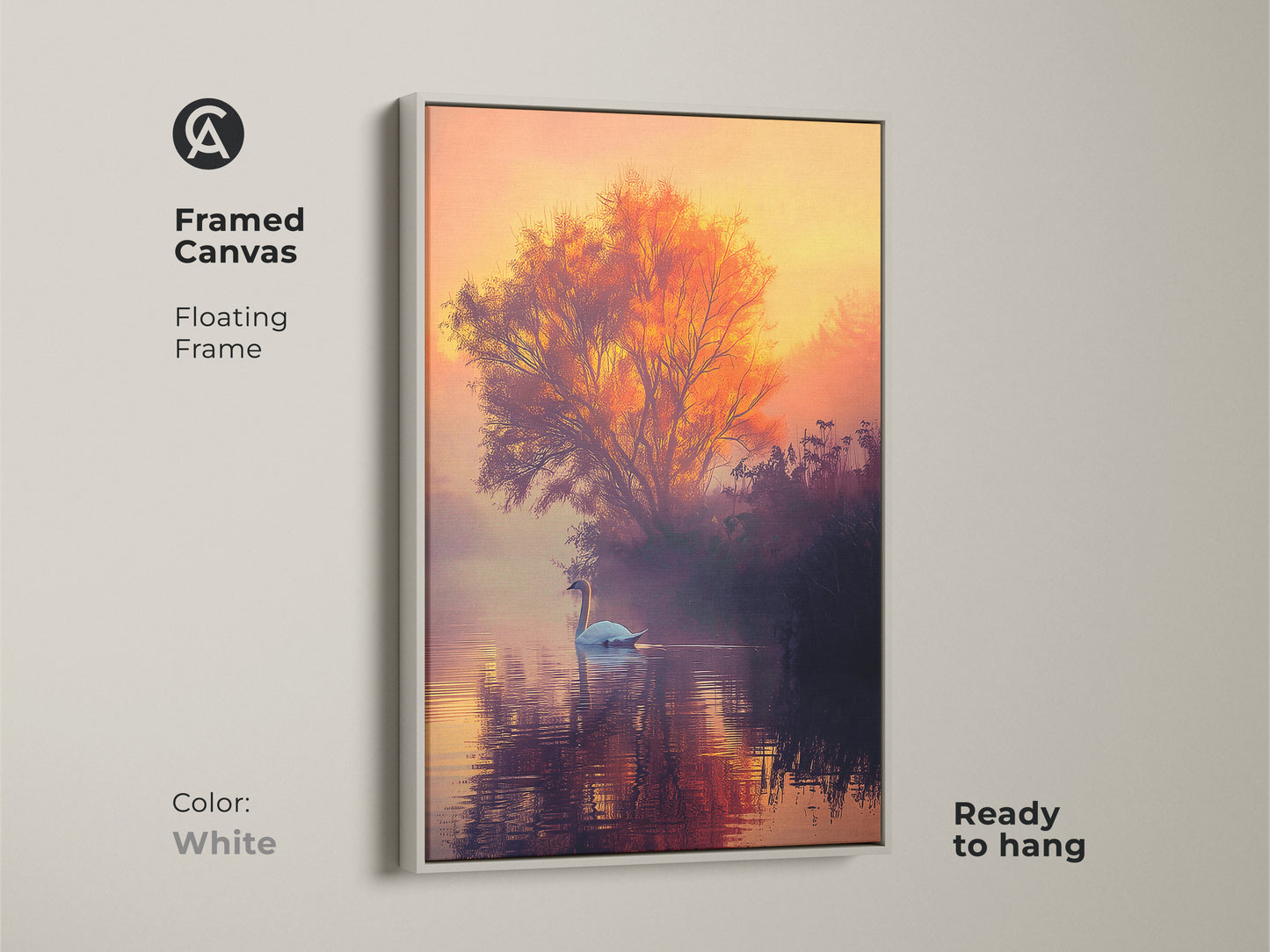 This framed canvas artwork features a tranquil lake scene in a white floating frame. The swan glides across the water in the fine art print. The warm sunset colors create a serene mood. A tree silhouette adds depth. This swan art print is perfect for adding peace to any room.