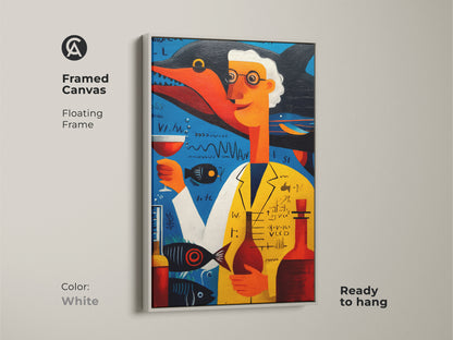 Sizing guide featuring a whimsical scientist and shark art print. Find vertical orientation options for canvas and poster prints. Sizes range from small to large. Perfect science themed office decor and a unique gift.