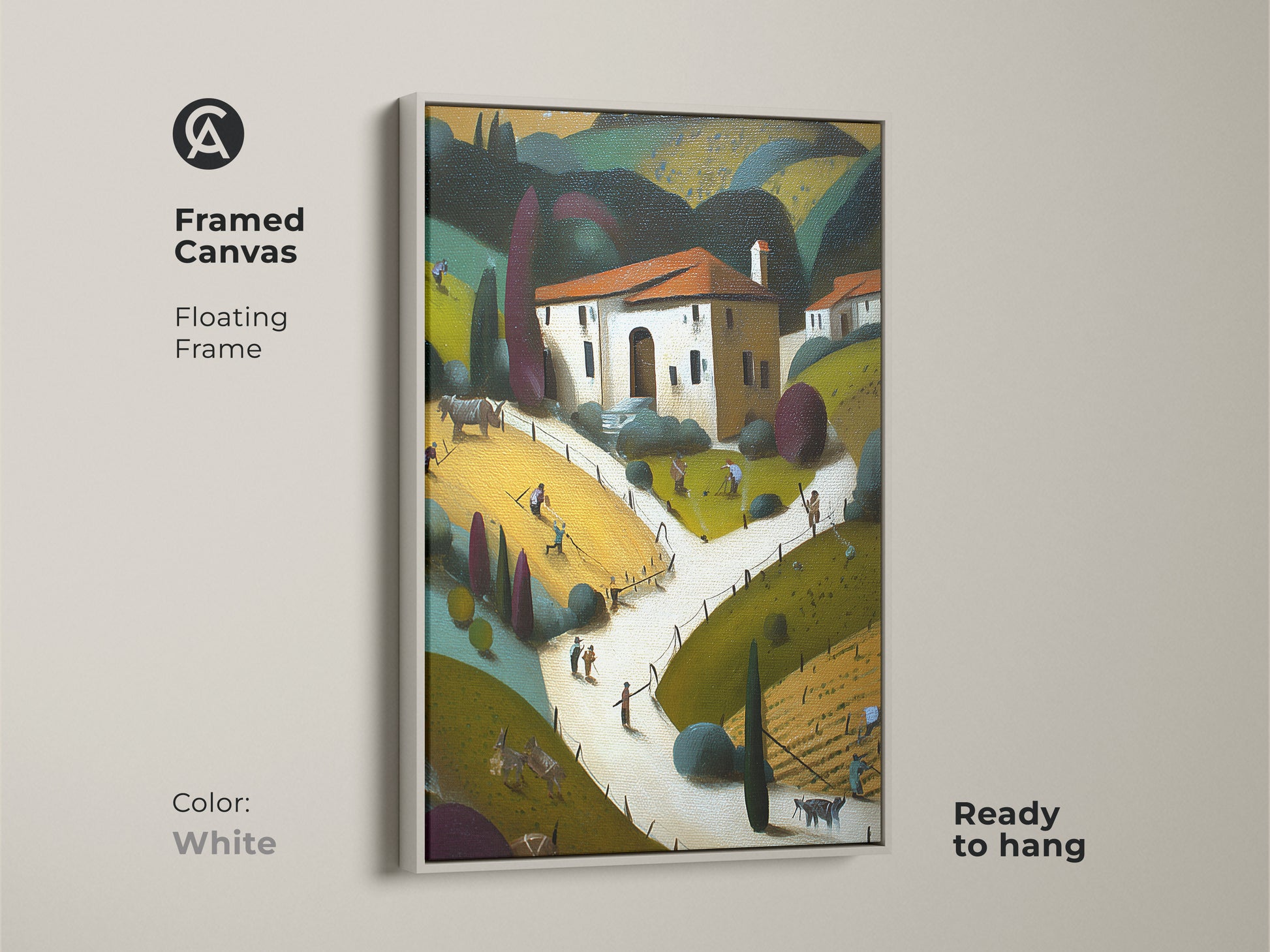 Framed canvas with a floating white frame displaying folk art farmhouse artwork. The yellow orange green rural art enhances this stylized countryside scene. The pastoral landscape canvas is ready to hang. It is perfect as residential wall decor. A charming piece of art for new homeowners.