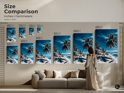 Size comparison of beach artwork in inches and centimeters. Visualize how different sizes will look in your space. Perfect art for above a couch. Choose from canvas or poster options for your home.