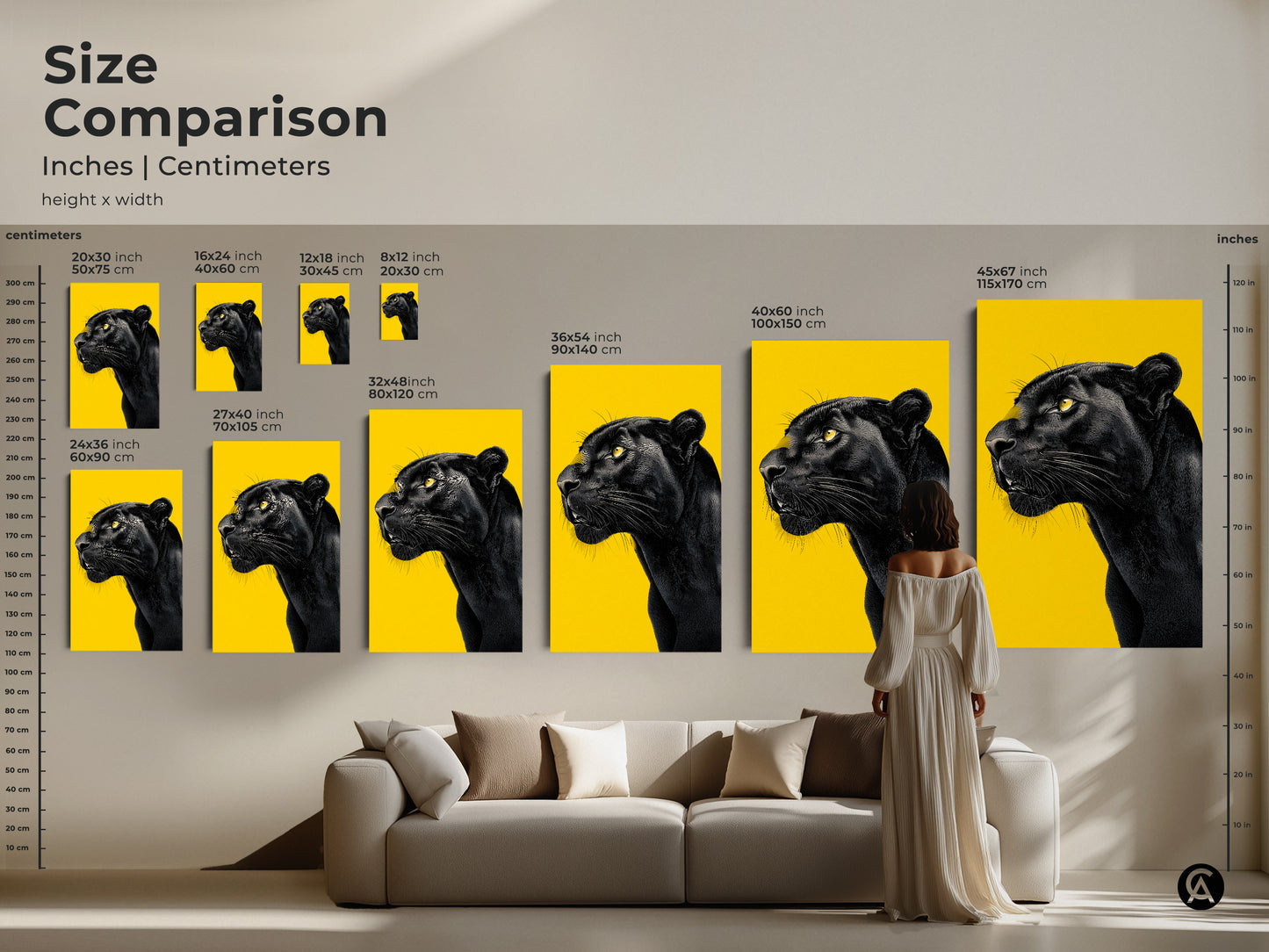See the size comparison of this black panther artwork in inches and centimeters. From small prints to large canvases visualize how this striking animal portrait fits above a sofa or in different room settings. Perfect for interior planning ensure your art complements your space.