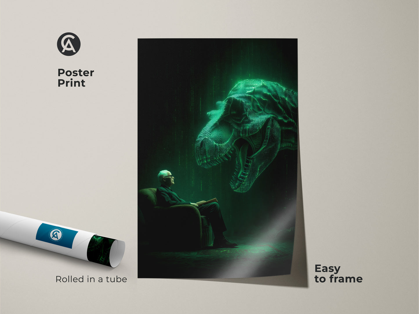 Poster print features an elderly gentleman reading. A luminescent Tyrannosaurus Rex hovers behind in a digital matrix style. The poster is rolled in a tube for easy framing. Add a modern surrealist touch to your home decor with this art piece.
