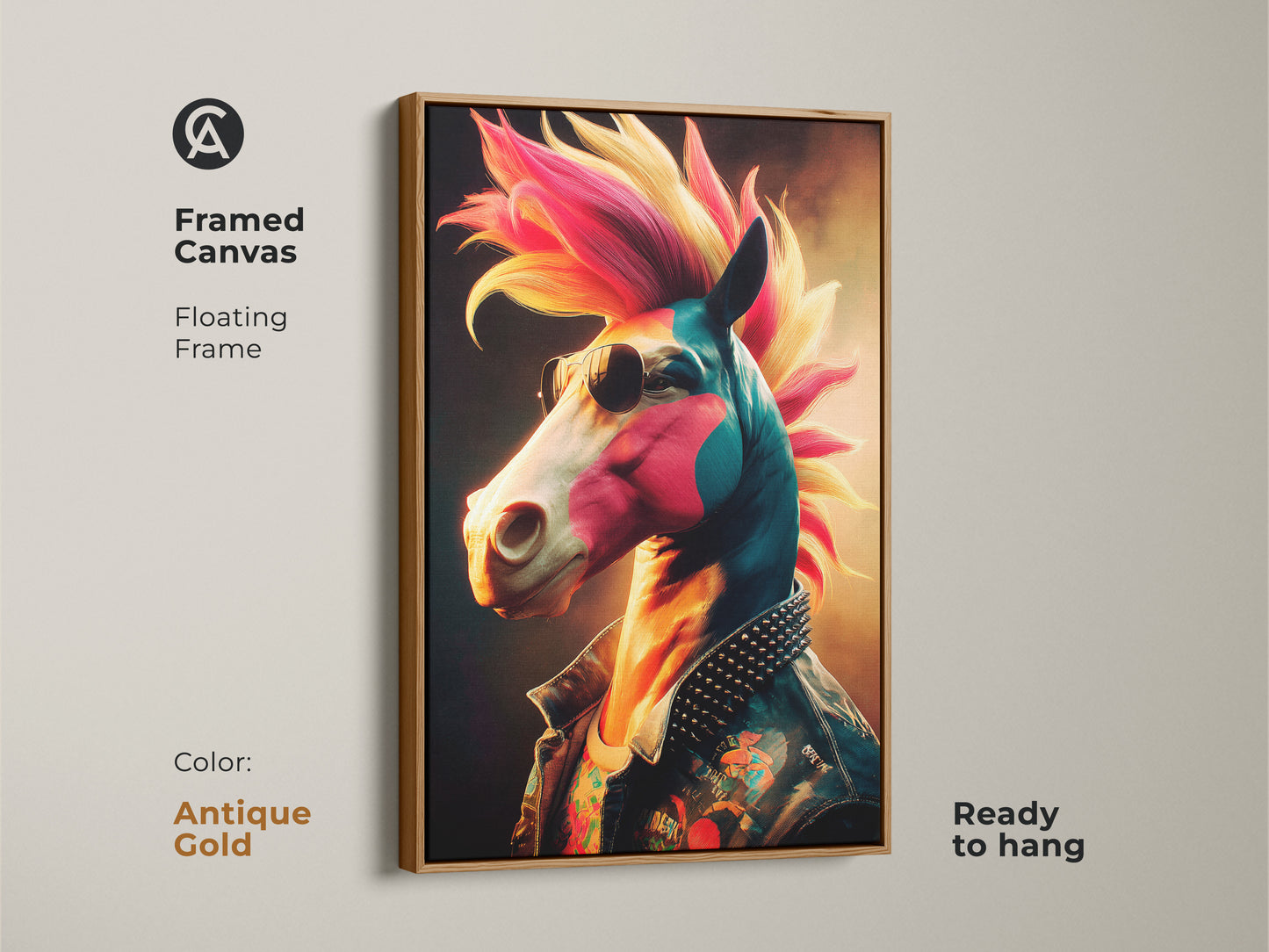 Framed Canvas art of a horse with a mohawk and floating frame. The frame has an antique gold finish. Rock music fans will love this unique animal wall decor.