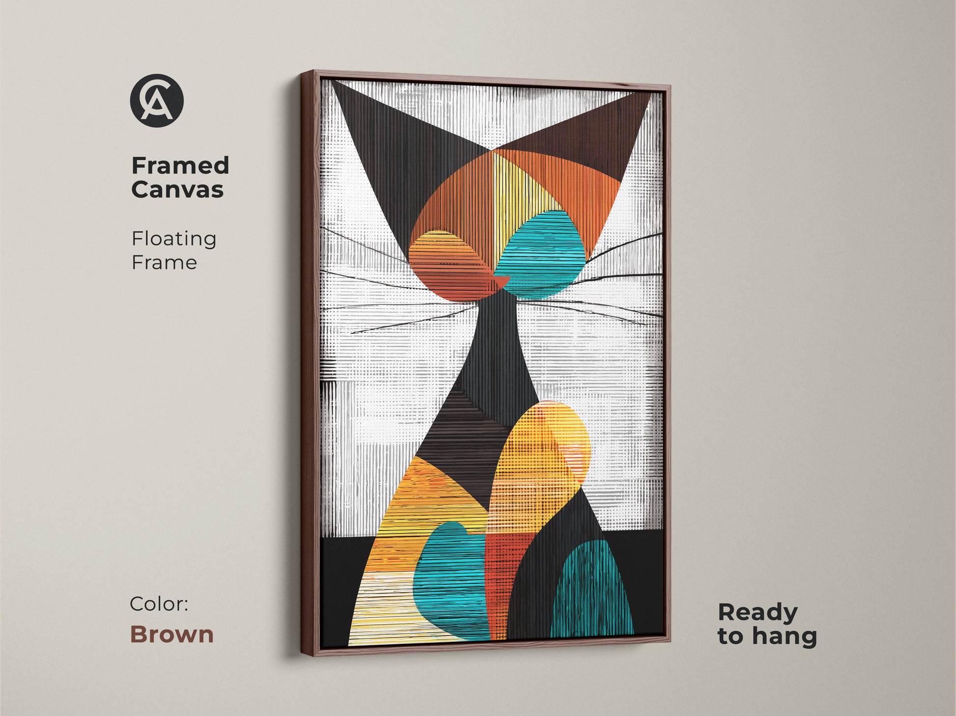 Framed canvas in a brown floating frame showcasing geometric cat art. This colorful cat art is a great housewarming gift. Enhance your eclectic home decor with this vintage style cat art.