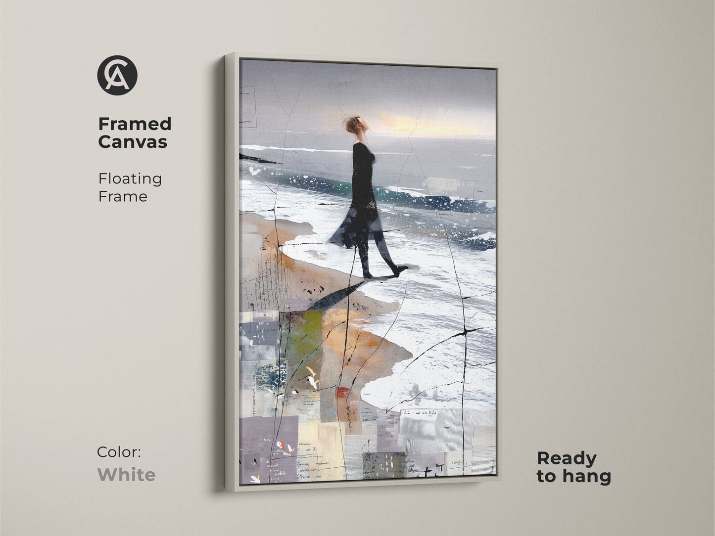 Framed canvas of an abstract woman beach art print. It's a floating frame in white. Ready to hang. This coastal figure study canvas is perfect for contemporary bedroom decor or as wall art.