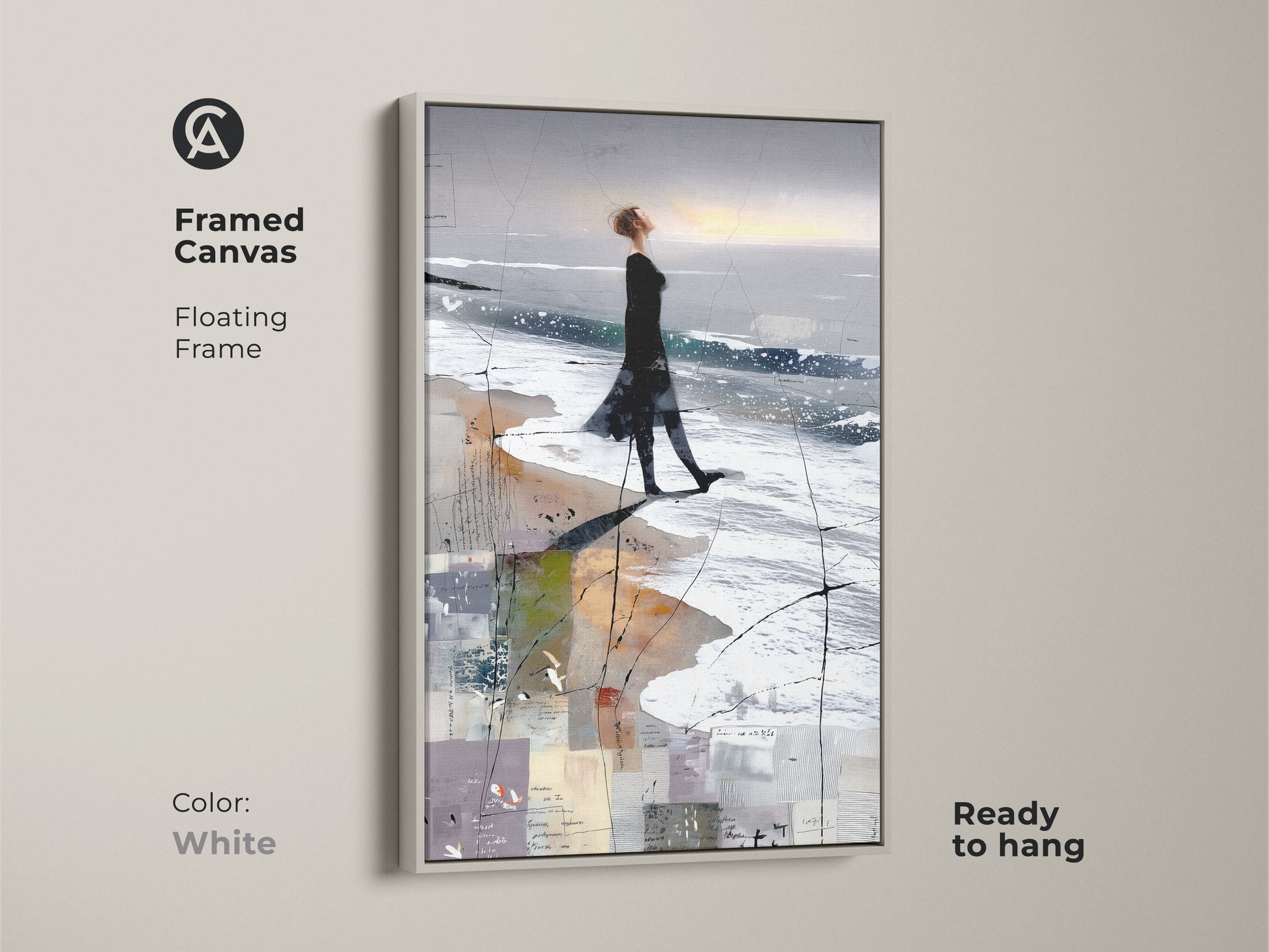 Framed canvas of an abstract woman beach art print. It's a floating frame in white. Ready to hang. This coastal figure study canvas is perfect for contemporary bedroom decor or as wall art.
