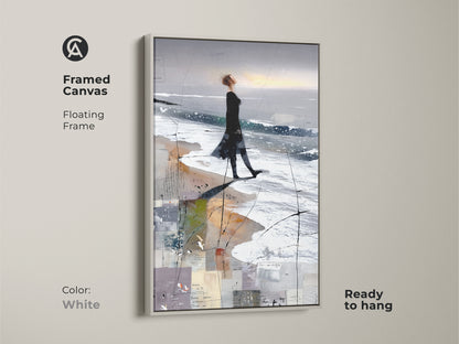 Framed canvas of an abstract woman beach art print. It's a floating frame in white. Ready to hang. This coastal figure study canvas is perfect for contemporary bedroom decor or as wall art.
