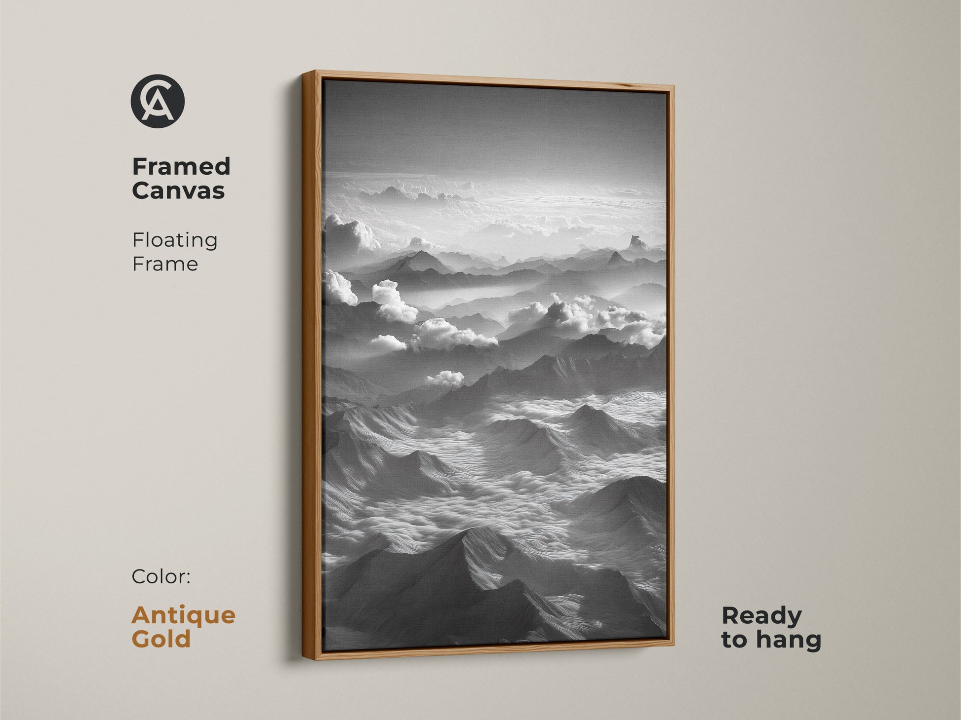 Antique gold framed canvas features monochrome mountain wall art. Aerial landscape art print adds sophistication. Black and white artwork complements neutral tone wall art. Floating frame enhances any space. Perfect unique nature artwork for home interior.