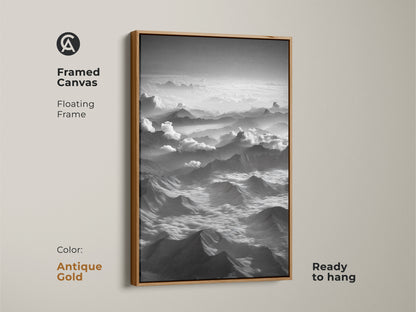 Antique gold framed canvas features monochrome mountain wall art. Aerial landscape art print adds sophistication. Black and white artwork complements neutral tone wall art. Floating frame enhances any space. Perfect unique nature artwork for home interior.