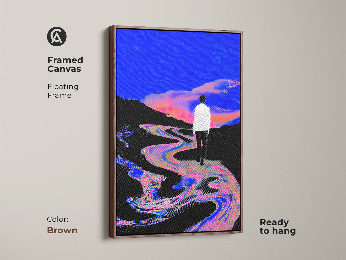 Black Framed Canvas showcasing a surreal landscape. Glitch art style in a floating frame. An electric blue and pink art print features a man walking by a river. Ready to hang contemporary artwork.