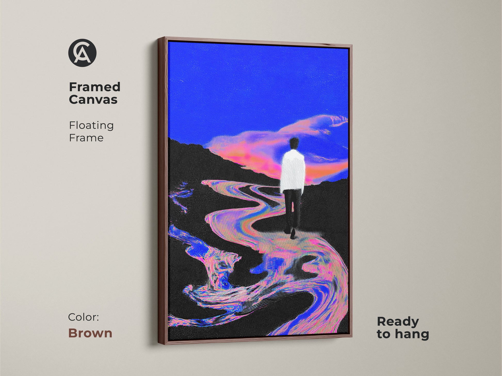 Black Framed Canvas showcasing a surreal landscape. Glitch art style in a floating frame. An electric blue and pink art print features a man walking by a river. Ready to hang contemporary artwork.