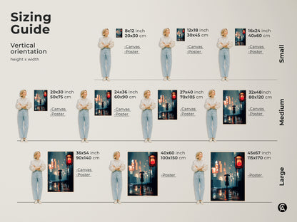 Sizing guide for vertical canvas and posters. Visualize sizes from 8x12 to 45x67 inches. See how the woman with umbrella artwork fits in different spaces. Find the perfect size for your entryway living room or home office.