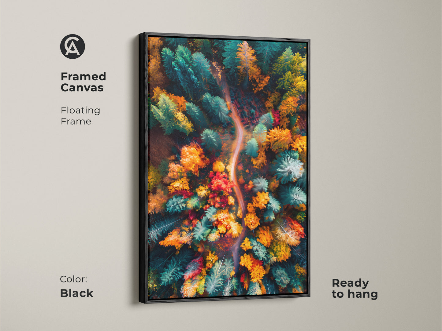 Framed canvas art print of a forest in autumn. This aerial view artwork is displayed in a sleek black floating frame. This canvas is ready to hang. The vibrant colors and unique perspective make it a captivating piece.