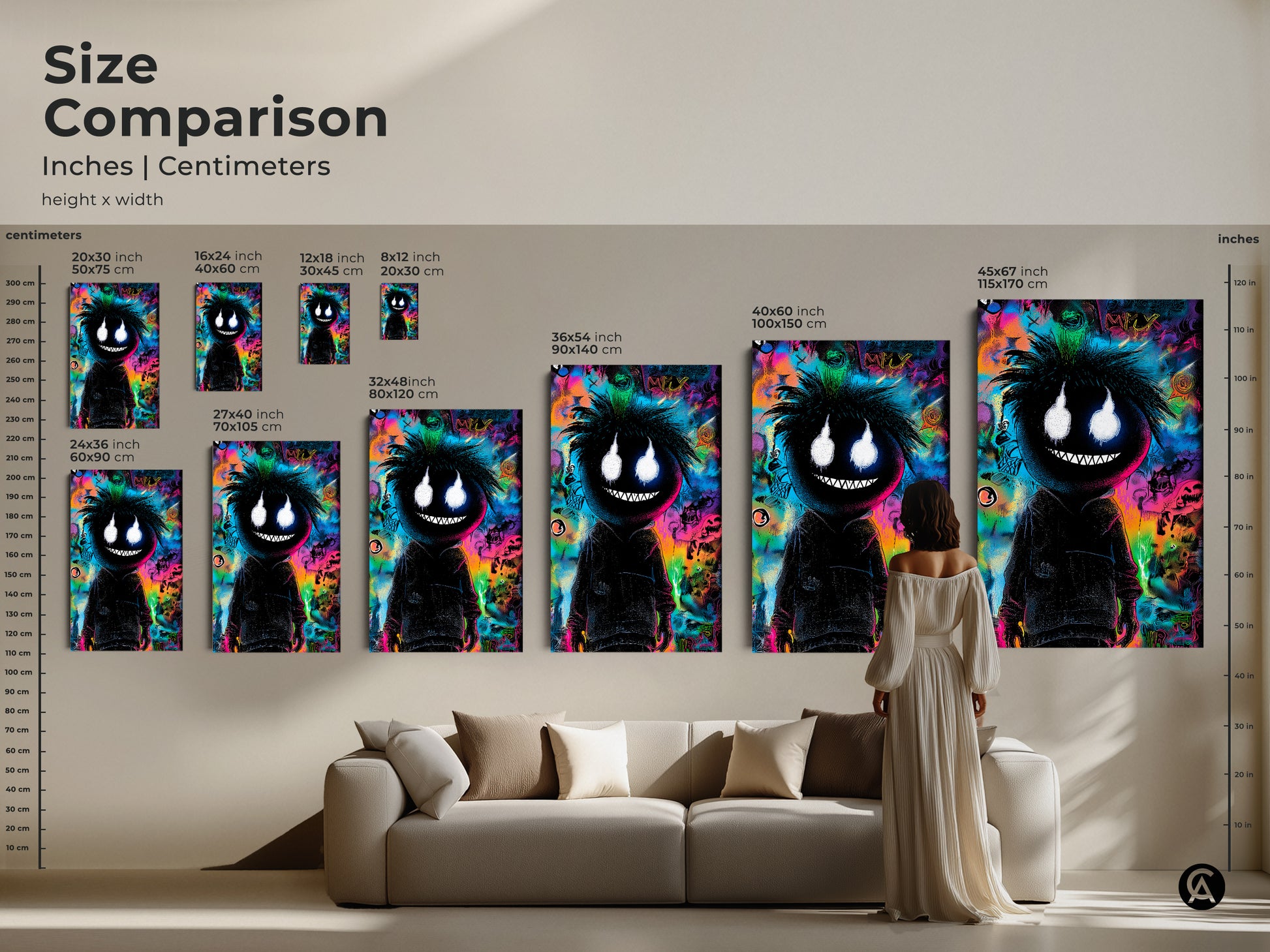 Size comparison of the black figure artwork in inches and centimeters. See the artwork in various sizes. It ranges from small to large. Perfect to visualize scale for your space.