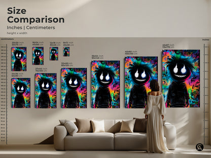 Size comparison of the black figure artwork in inches and centimeters. See the artwork in various sizes. It ranges from small to large. Perfect to visualize scale for your space.