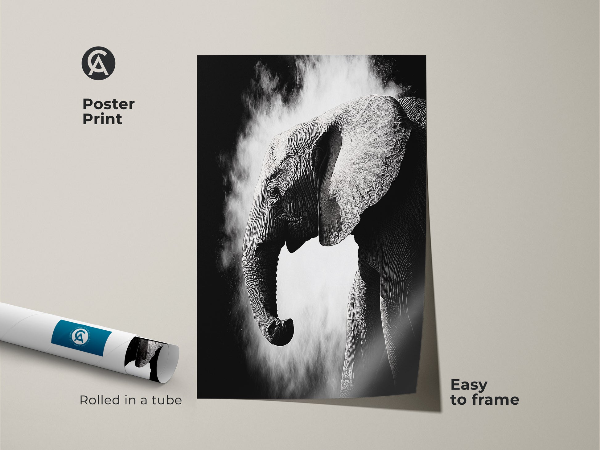 Poster print of monochrome elephant art rolled in a tube easy to frame. This high-contrast wildlife artwork features a detailed elephant profile. The black and white animal print makes a striking addition to any wall. A perfect gift for animal lovers seeking modern artwork.