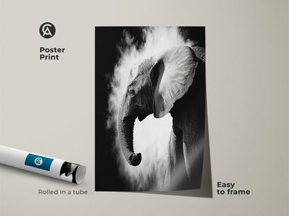 Poster print of monochrome elephant art rolled in a tube easy to frame. This high-contrast wildlife artwork features a detailed elephant profile. The black and white animal print makes a striking addition to any wall. A perfect gift for animal lovers seeking modern artwork.