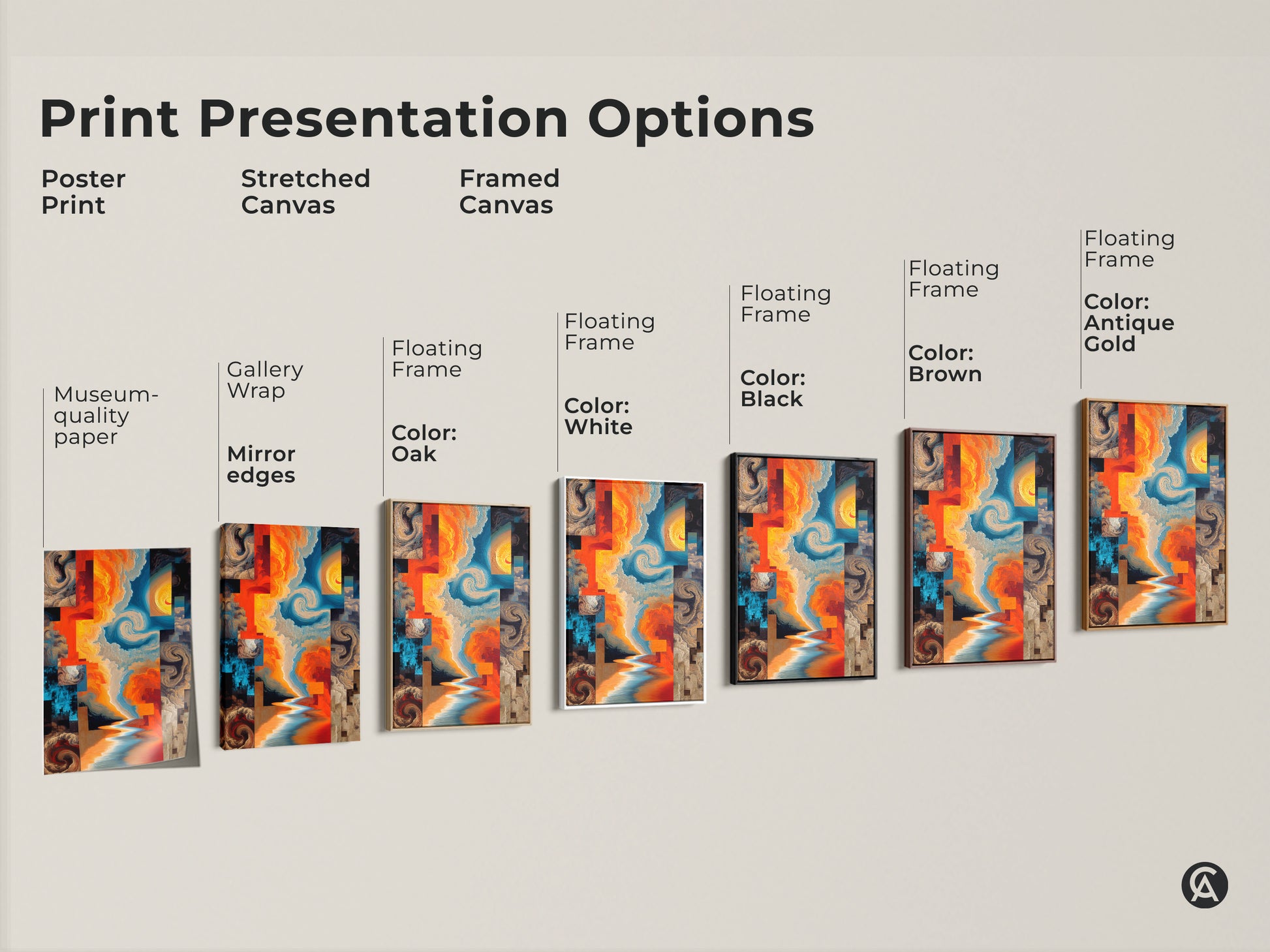 Print Presentation Options. See the abstract expressionism art in poster stretched and framed canvas formats. Each option showcases orange yellow and blue hues. Choose the perfect style for your eclectic home decor needs today.