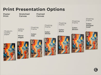 Print Presentation Options. See the abstract expressionism art in poster stretched and framed canvas formats. Each option showcases orange yellow and blue hues. Choose the perfect style for your eclectic home decor needs today.
