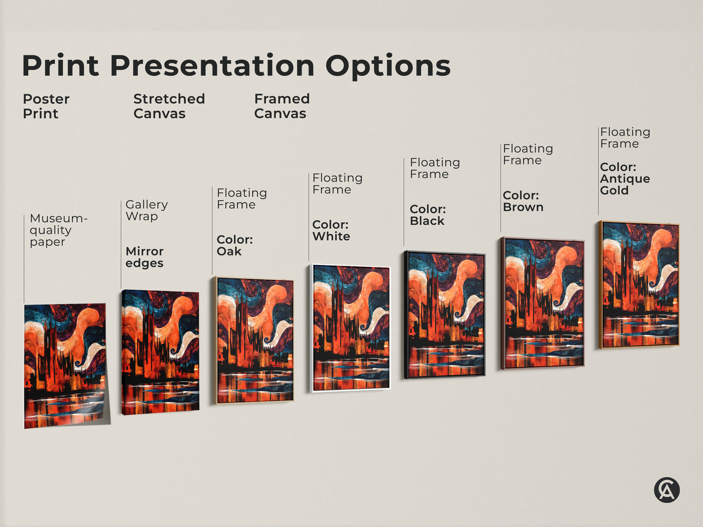 Explore the print presentation options. See a poster print stretched canvas and framed canvas. Each displays museum-quality edges gallery wrap and floating frames in various colors. Perfect for adding art to any space.