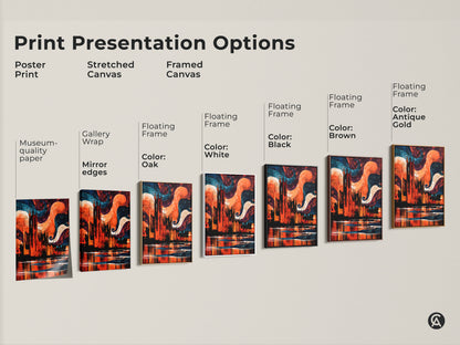 Explore the print presentation options. See a poster print stretched canvas and framed canvas. Each displays museum-quality edges gallery wrap and floating frames in various colors. Perfect for adding art to any space.