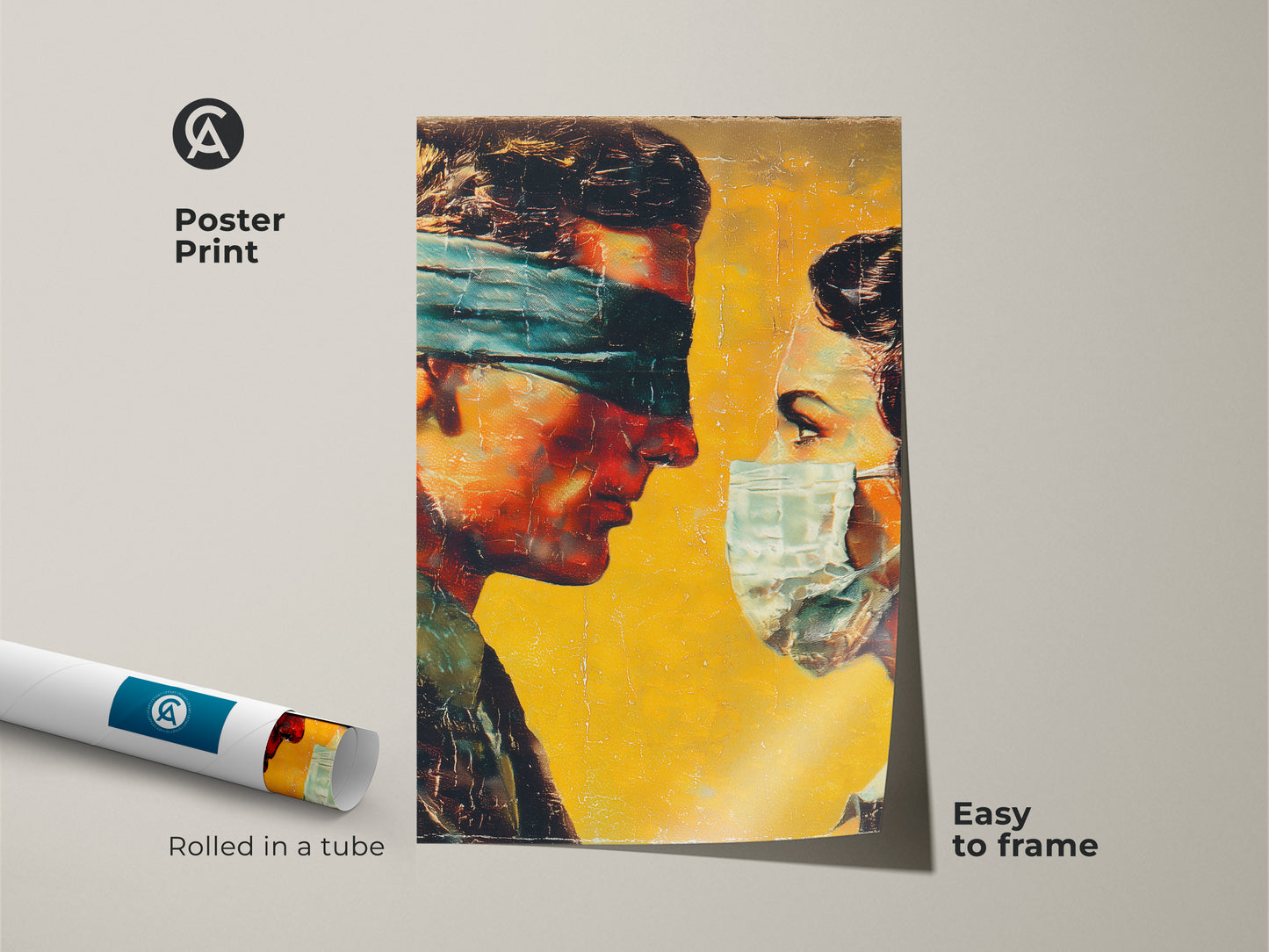 Poster print featuring a moving artwork. It shows a blindfolded man and a masked woman. This museum-quality paper poster arrives rolled in a tube. The art print is easy to frame. Add this unique piece to your collection.