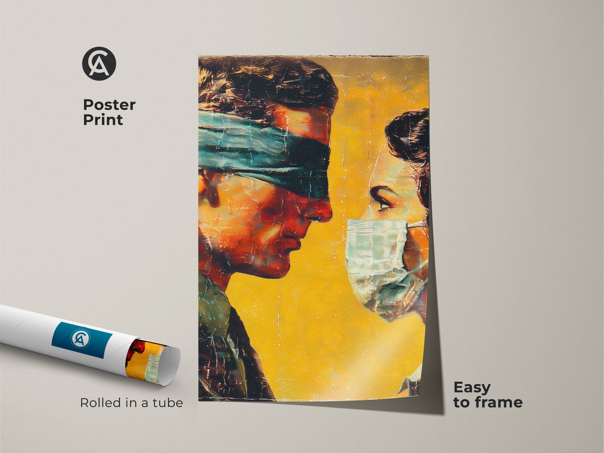Poster print featuring a moving artwork. It shows a blindfolded man and a masked woman. This museum-quality paper poster arrives rolled in a tube. The art print is easy to frame. Add this unique piece to your collection.