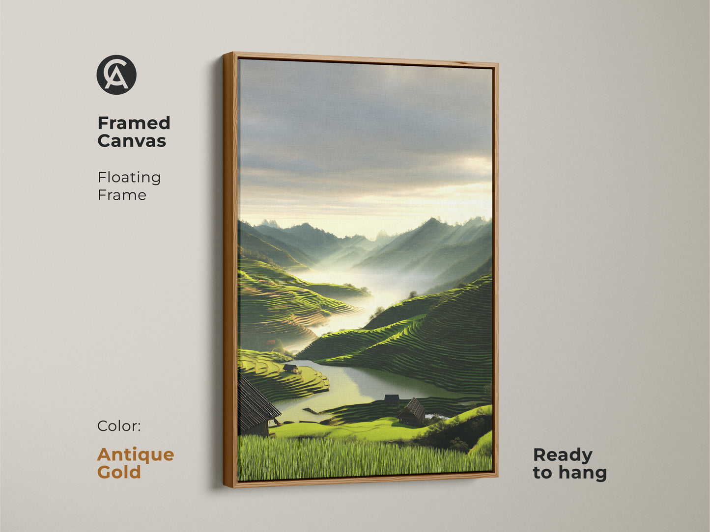 Antique gold framed canvas print of misty mountain landscape art. This emerald green home decor features terraced fields. The contemporary scenic wall art is ready to hang. This unique landscape art print is perfect as a traveler gift wall art.