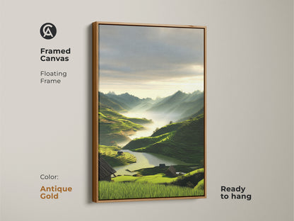 Antique gold framed canvas print of misty mountain landscape art. This emerald green home decor features terraced fields. The contemporary scenic wall art is ready to hang. This unique landscape art print is perfect as a traveler gift wall art.