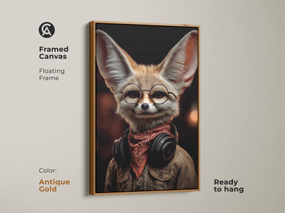 Framed canvas art print of a Fennec Fox wearing headphones and glasses. The antique gold floating frame is ready to hang. This retro-style artwork brings a vintage character to any office or living room. The perfect music themed gift.