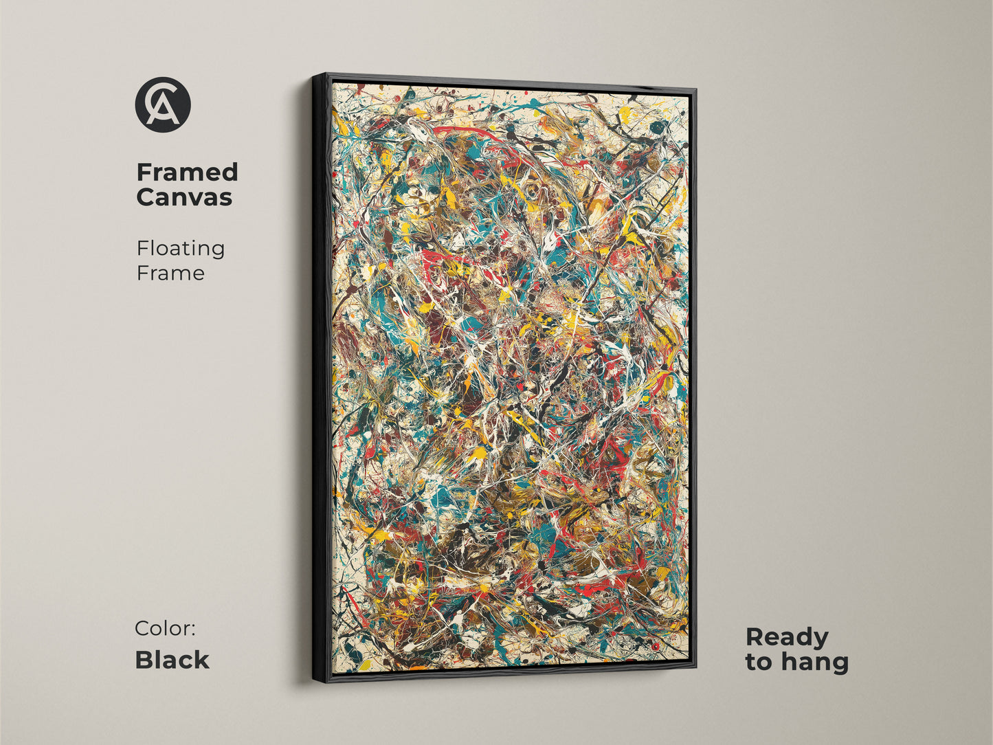 Framed canvas art featuring abstract expressionism. A black floating frame enhances the colorful artwork. This modern piece is ready to hang. Perfect for adding a sophisticated touch to your home decor.